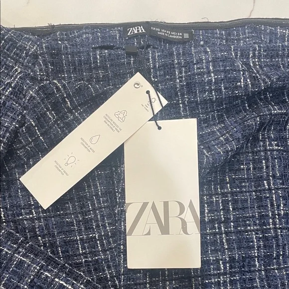 Zara Dark Blue Tweed Off-Shoulder Blouse - Picture 2 of 5